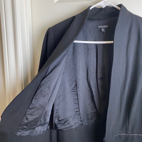 Eileen Fisher Size M Blazer Black Jacket Peplum Hem Leather Trim - Picture 7 of 9